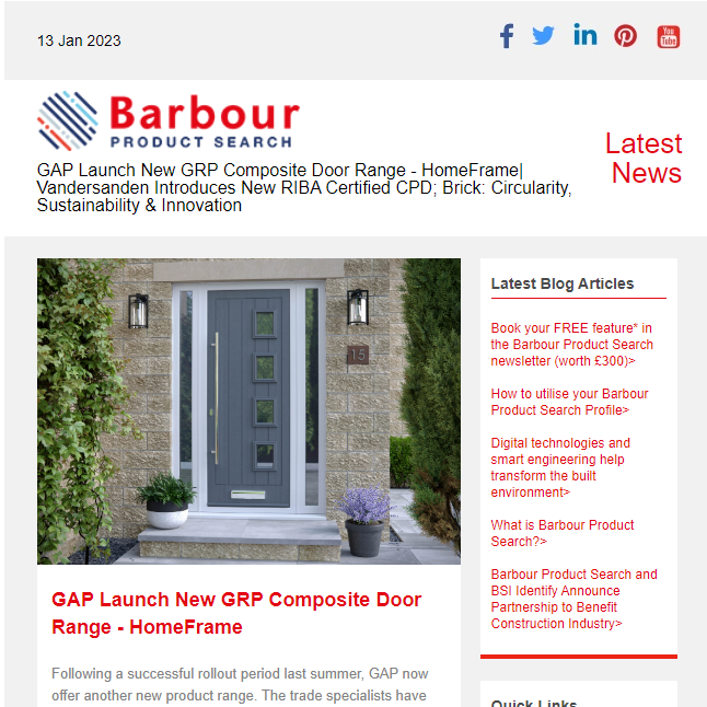GAP Launch New GRP Composite Door Range - HomeFrame| Vandersanden Introduces New RIBA Certified CPD; Brick: Circularity, Sustainability & Innovation