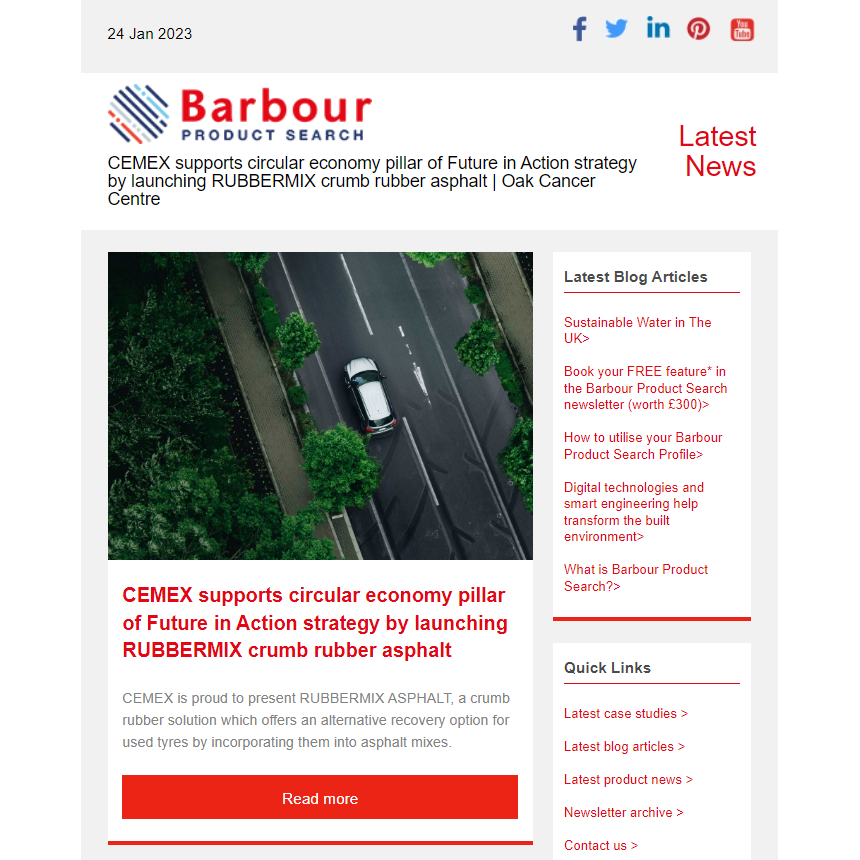 CEMEX supports circular economy pillar of Future in Action strategy by launching RUBBERMIX crumb rubber asphalt |  Oak Cancer Centre