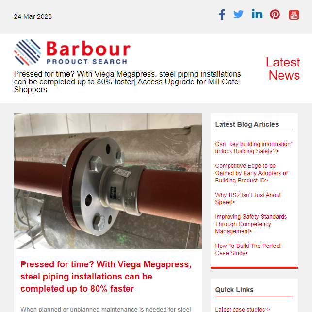 Pressed for time? With Viega Megapress, steel piping installations can be completed up to 80% faster| Access Upgrade for Mill Gate Shoppers