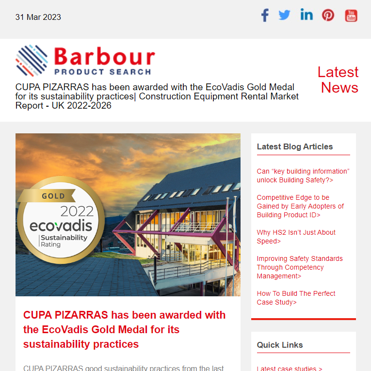 CUPA PIZARRAS has been awarded with the EcoVadis Gold Medal for its sustainability practices|  Construction Equipment Rental Market Report - UK 2022-2026