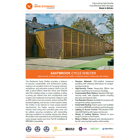 Eastbrook Cycle Shelter Specification Sheet Eastbrook Cycle Shelter Specification Sheet