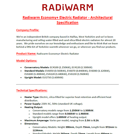 Radiwarm Economy+ Electric Radiator - Architectural Specification Sheet Radiwarm Economy+ Electric Radiator - Architectural Specification Sheet