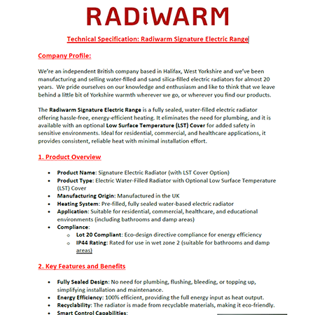 Technical Specification: Radiwarm Signature Electric Range Technical Specification: Radiwarm Signature Electric Range